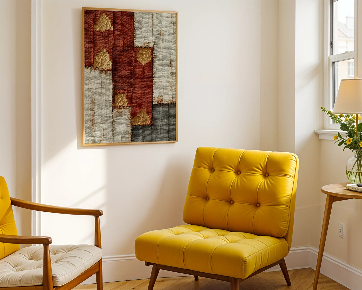 Gold Leaf Temple Fragments Boho Canvas Wall Art Rust Pearl — Eclectic artwork featuring metallic accents and historical elements for contemporary boho interiors