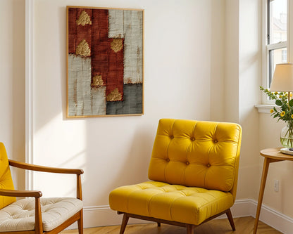 Gold Leaf Temple Fragments Boho Canvas Wall Art Rust Pearl — Eclectic artwork featuring metallic accents and historical elements for contemporary boho interiors