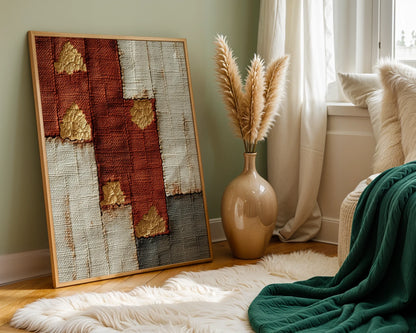Gold Leaf Temple Fragments Boho Canvas Wall Art Rust Pearl — Modern bohemian wall decor showcasing reconstructed ruins in neutral-toned living space