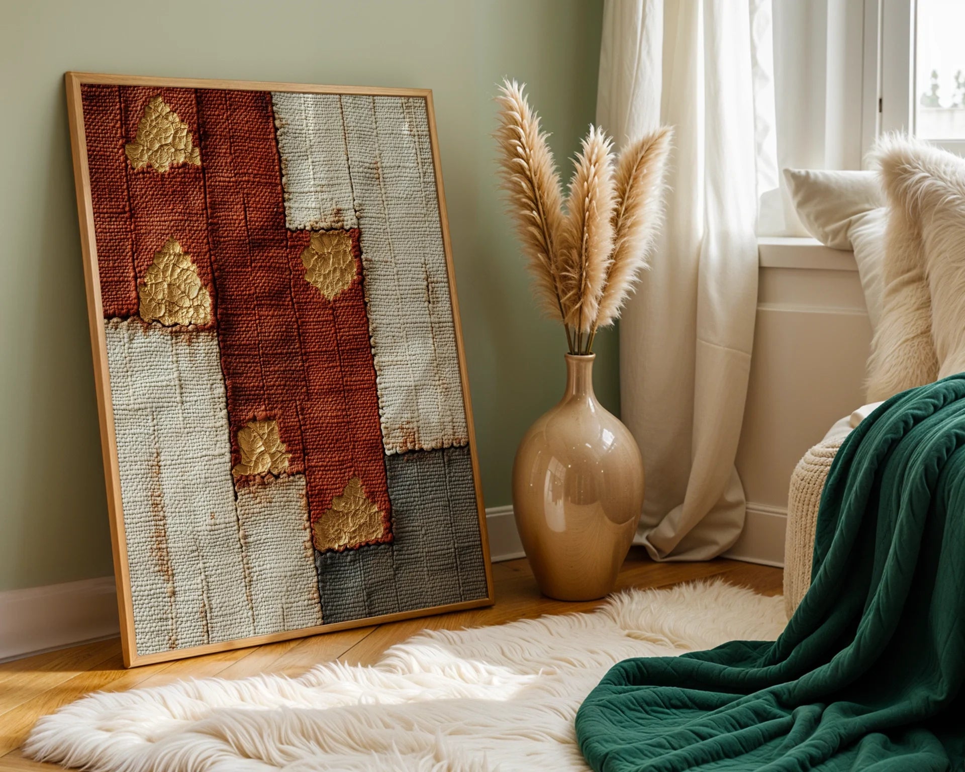 Gold Leaf Temple Fragments Boho Rust Pearl in room