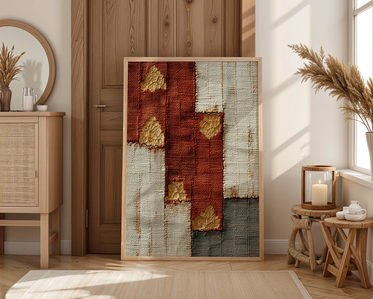 Gold Leaf Temple Fragments Boho Canvas Wall Art Rust Pearl — Layered mixed media piece with gilded details perfect for free-spirited home styling