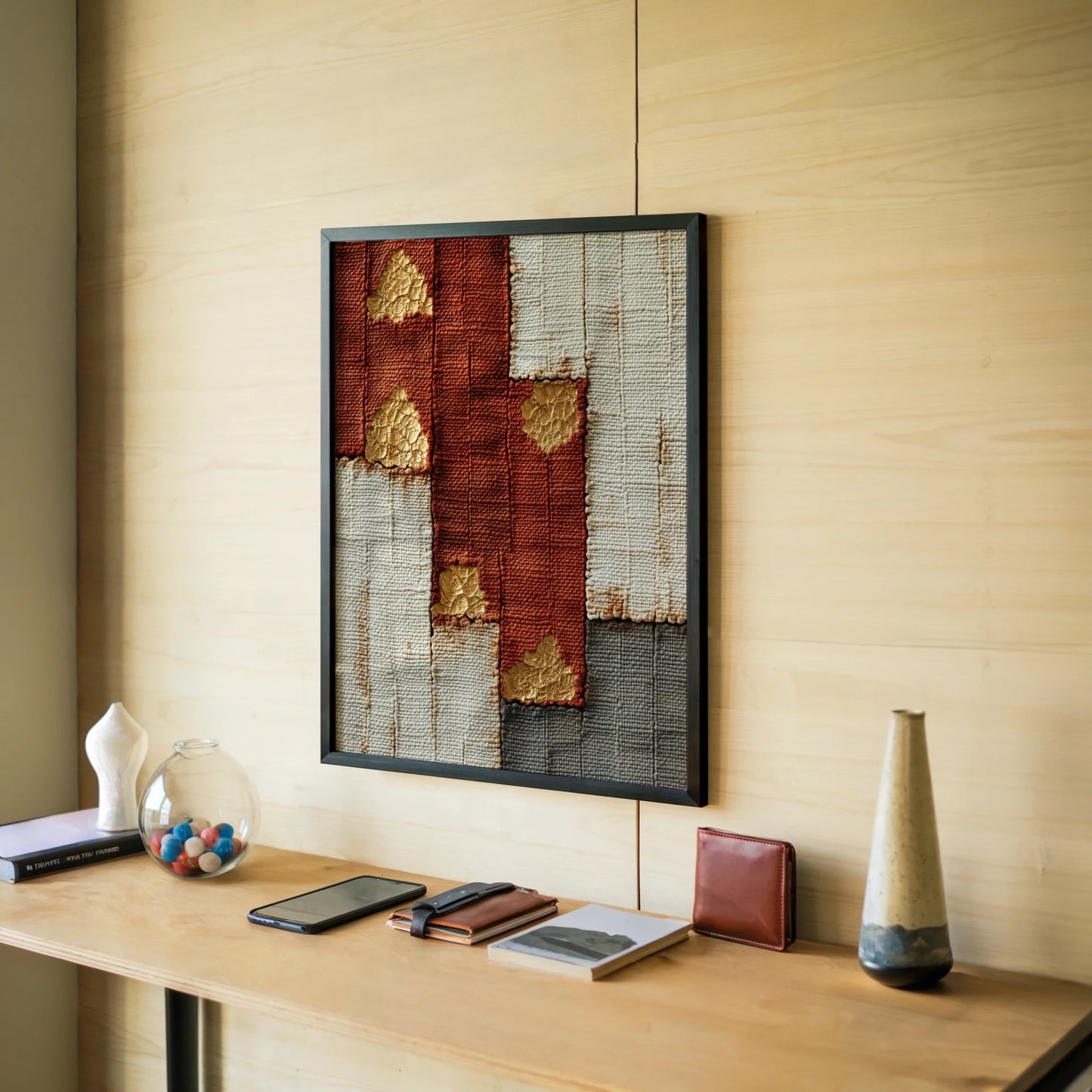 Gold Leaf Temple Fragments Boho Canvas Wall Art Rust Pearl — Contemporary boho print featuring monastery-inspired imagery in tastefully decorated room