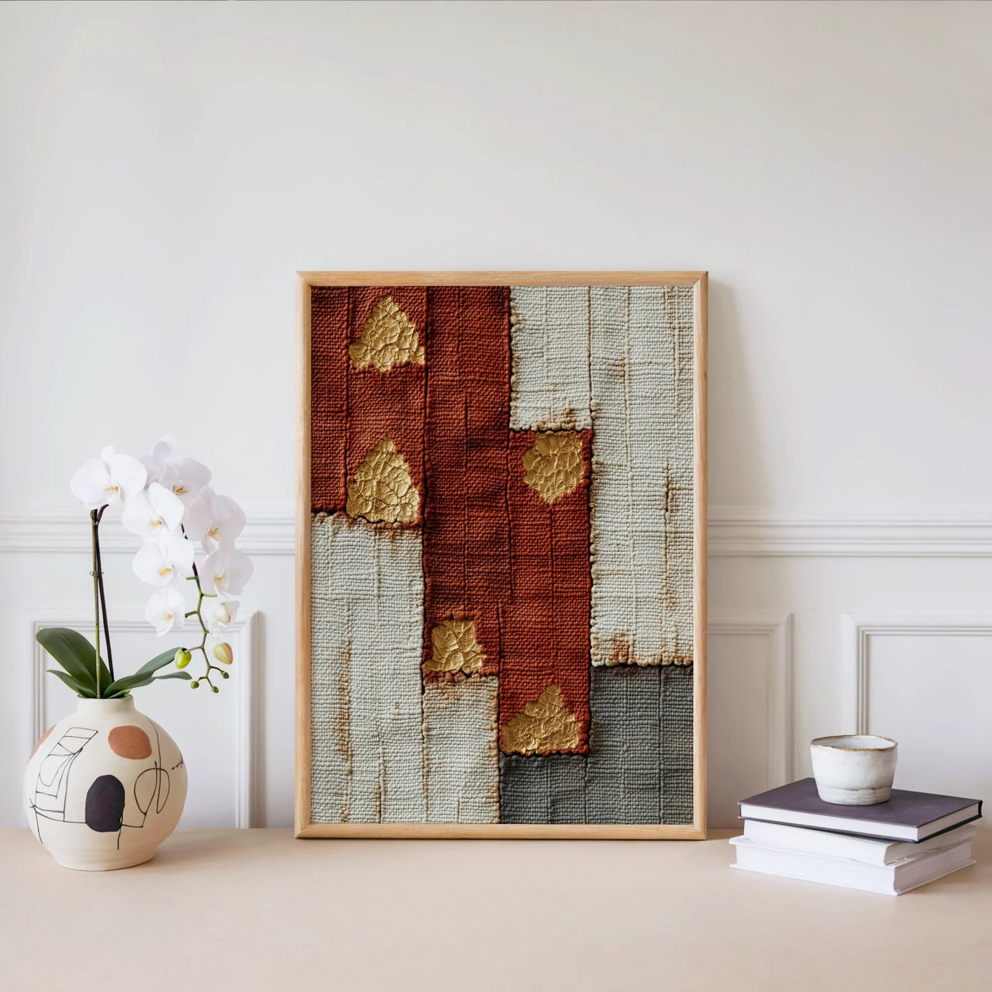 Gold Leaf Temple Fragments Boho Canvas Wall Art Rust Pearl — Warm terracotta and cream tones create rich textural contrast in this sophisticated wall art