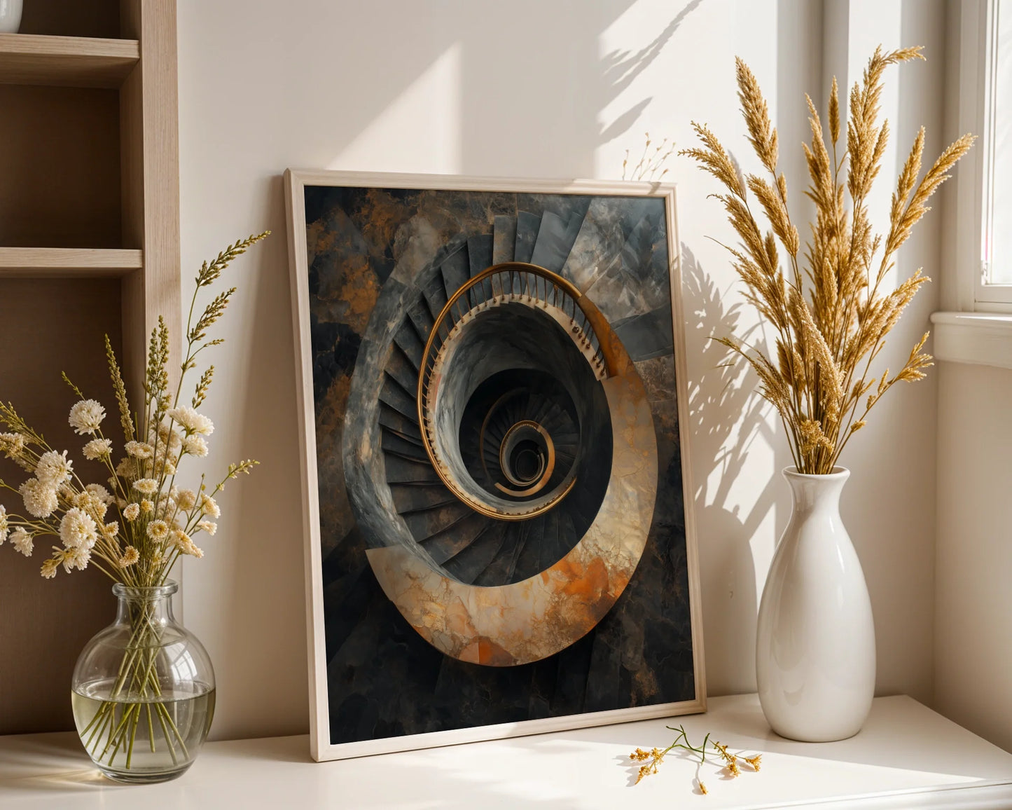 Spiral Staircase Industrial Decay Copper Patina Canvas Wall Art — Minimalist factory-inspired curved steps artwork showcased in sleek contemporary living space