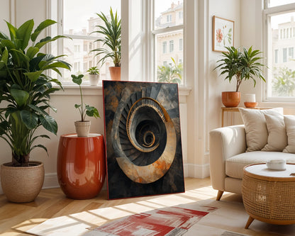 Spiral Staircase Industrial Decay Copper Patina Canvas Wall Art — Elegant deteriorating helical structure canvas displayed against neutral walls for refined interiors