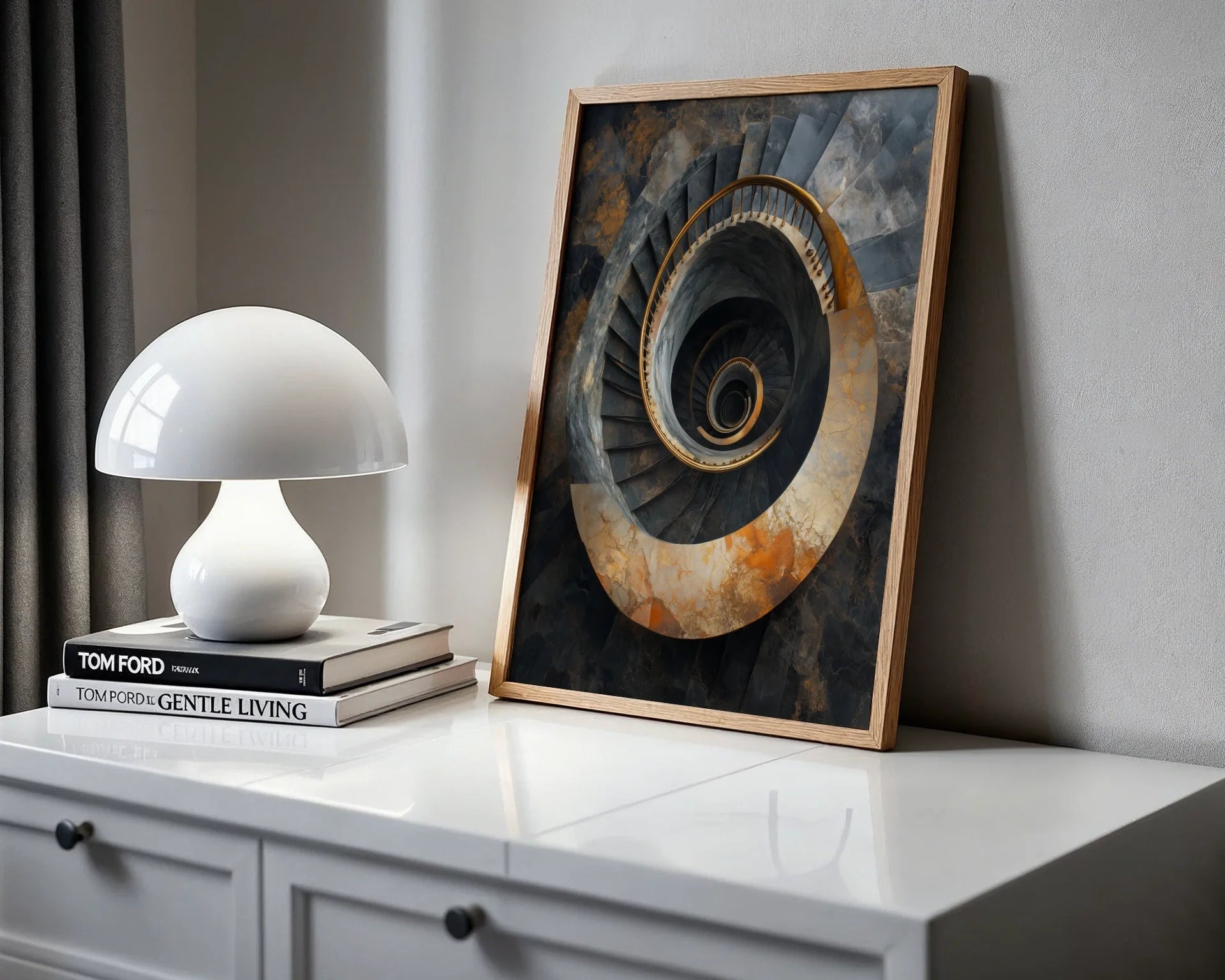Spiral Staircase Industrial Decay Copper Patina Canvas Wall Art — Contemporary aged circular passage photography mounted in stylish minimalist home setting