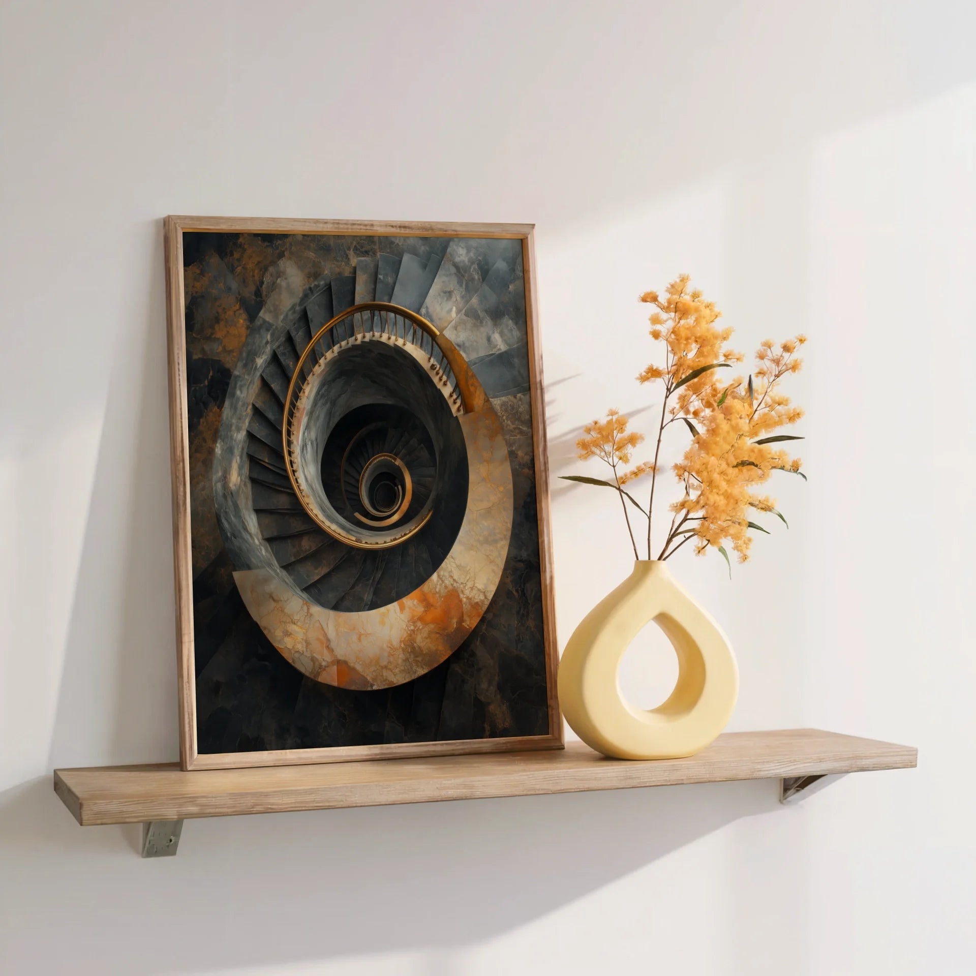 Spiral Staircase Industrial Decay Copper Patina Canvas Wall Art — Rich bronze and charcoal toned ascending curve art showing textured patina finish details