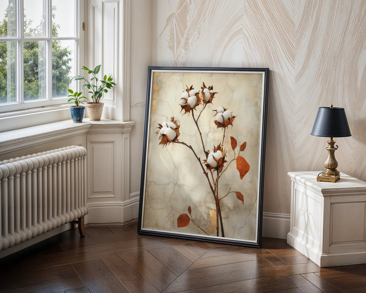 Cotton Botanical Boho Cracked Plaster Canvas Wall Art — Country home decor canvas displaying weathered stems with soft cotton pods against textured backdrop