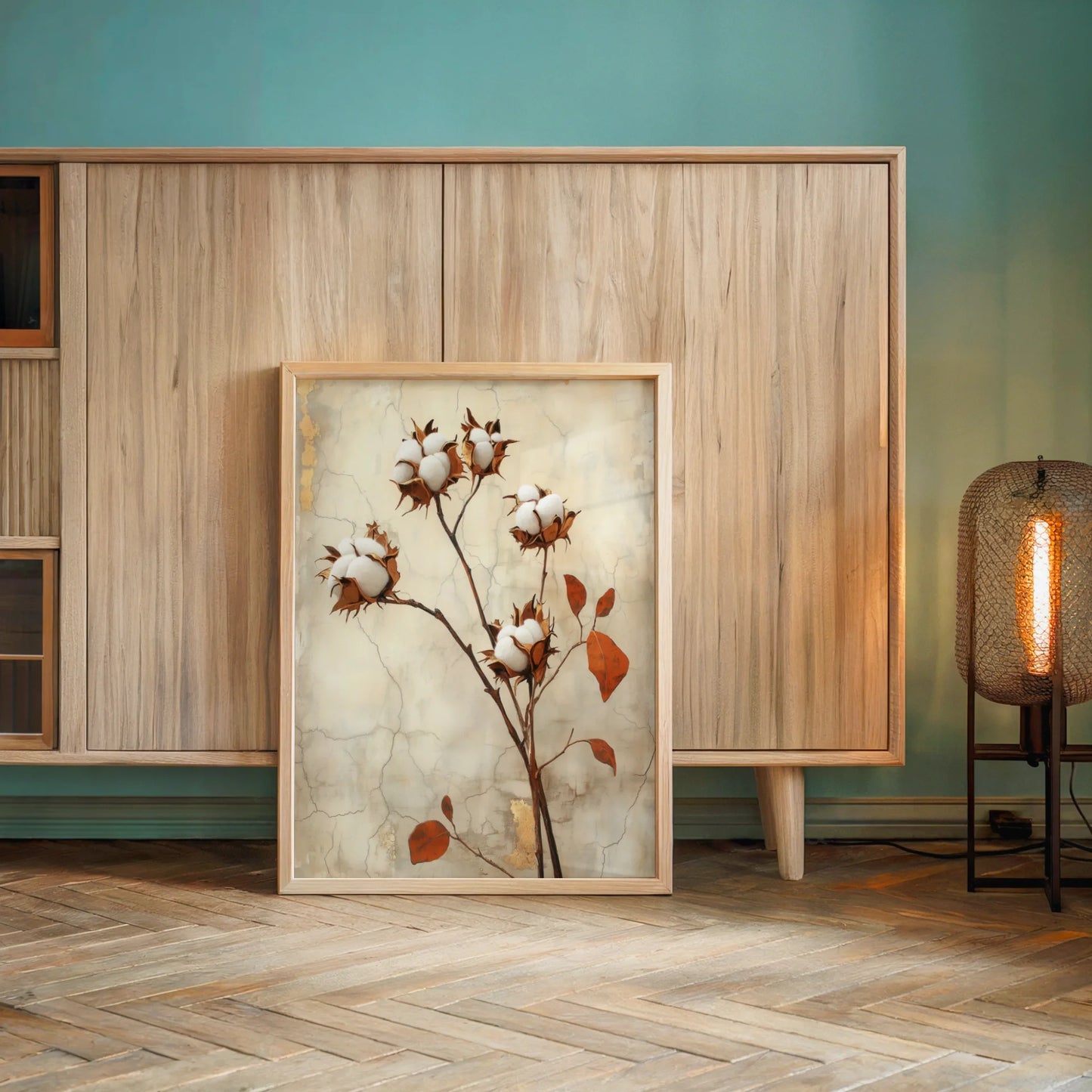 Cotton Botanical Boho Cracked Plaster Canvas Wall Art — Free-spirited home decor canvas displaying natural cotton flowers on twisted branches with aged patina