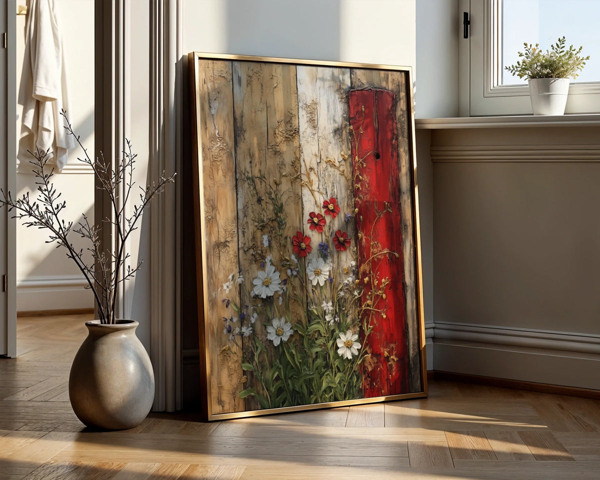 Rustic Fence Wildflowers Peeling Paint Farmhouse Canvas Art — Pastoral style canvas displaying distressed timber with blooming flora for countryside home decor