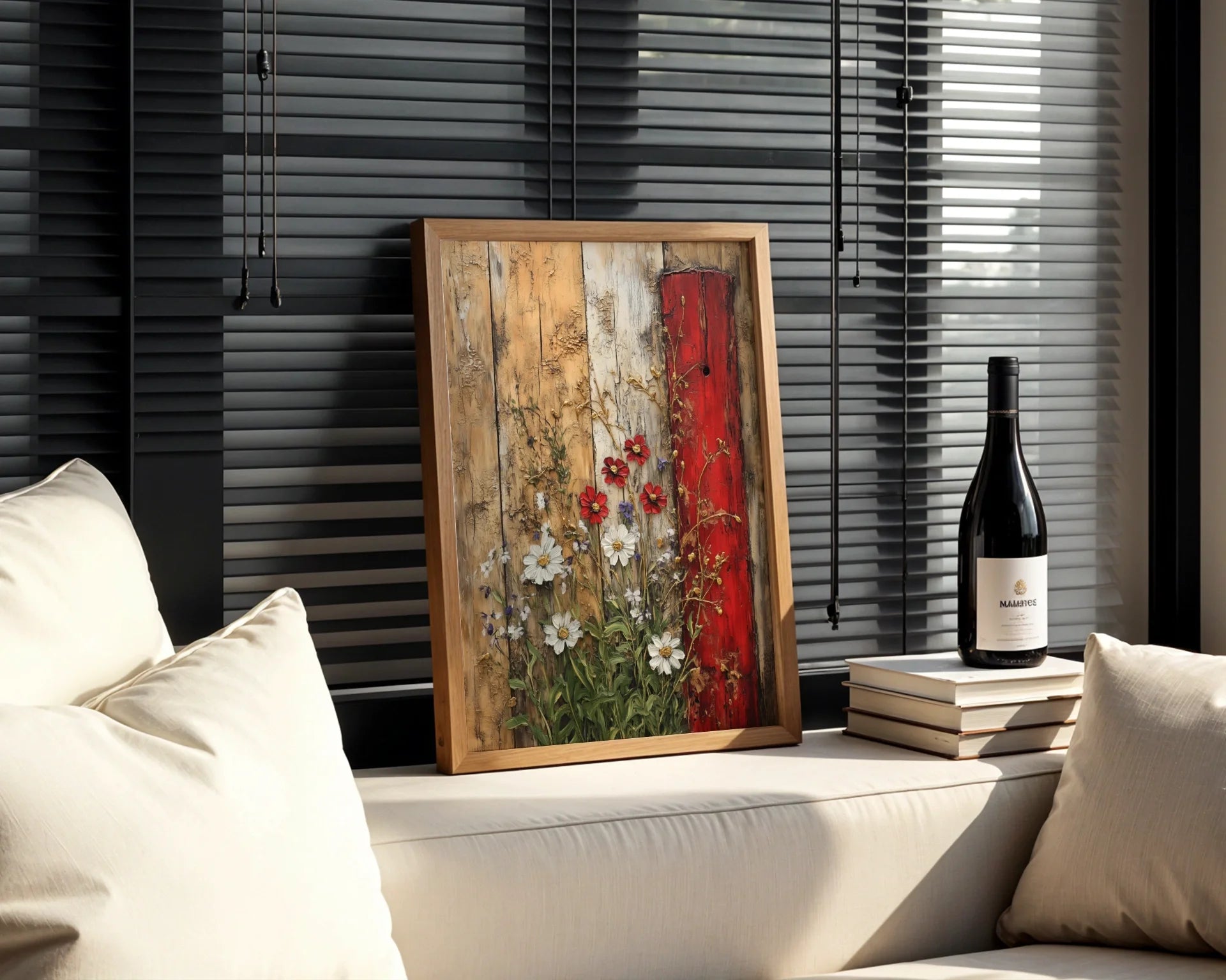Rustic Fence Wildflowers Peeling Paint Farmhouse Canvas Art — Weathered chic canvas depicting old boards surrendering to nature's floral rebellion in styled room