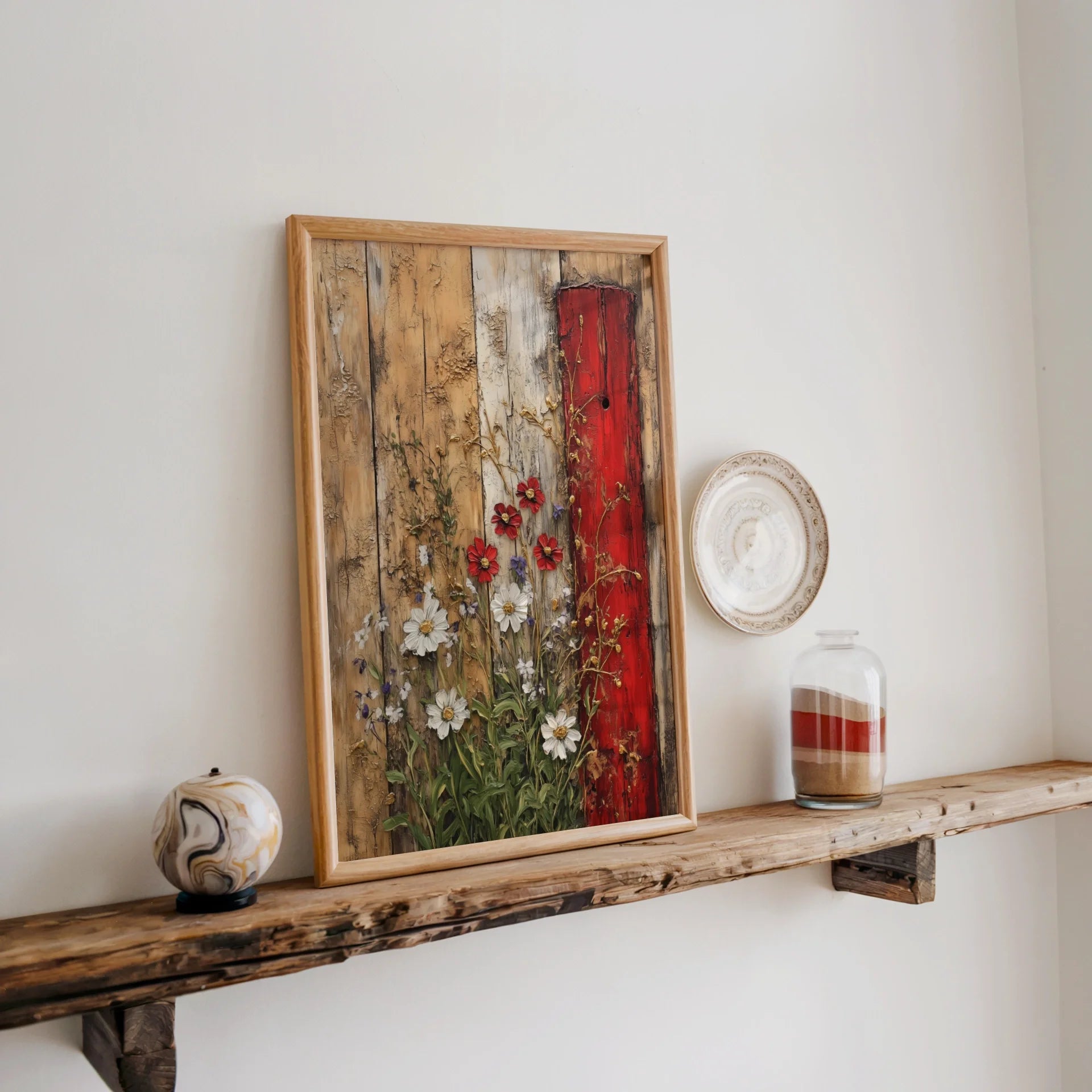 Rustic Fence Wildflowers Peeling Paint Farmhouse Canvas Art — Warm honey-toned wooden texture with crimson undertones creates inviting atmosphere in family home