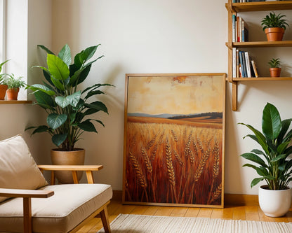 Golden Wheat Field Farmhouse Harvest Landscape Canvas Wall Art — Vintage-inspired grain meadow canvas showcased in a modern farmhouse bedroom with neutral linens