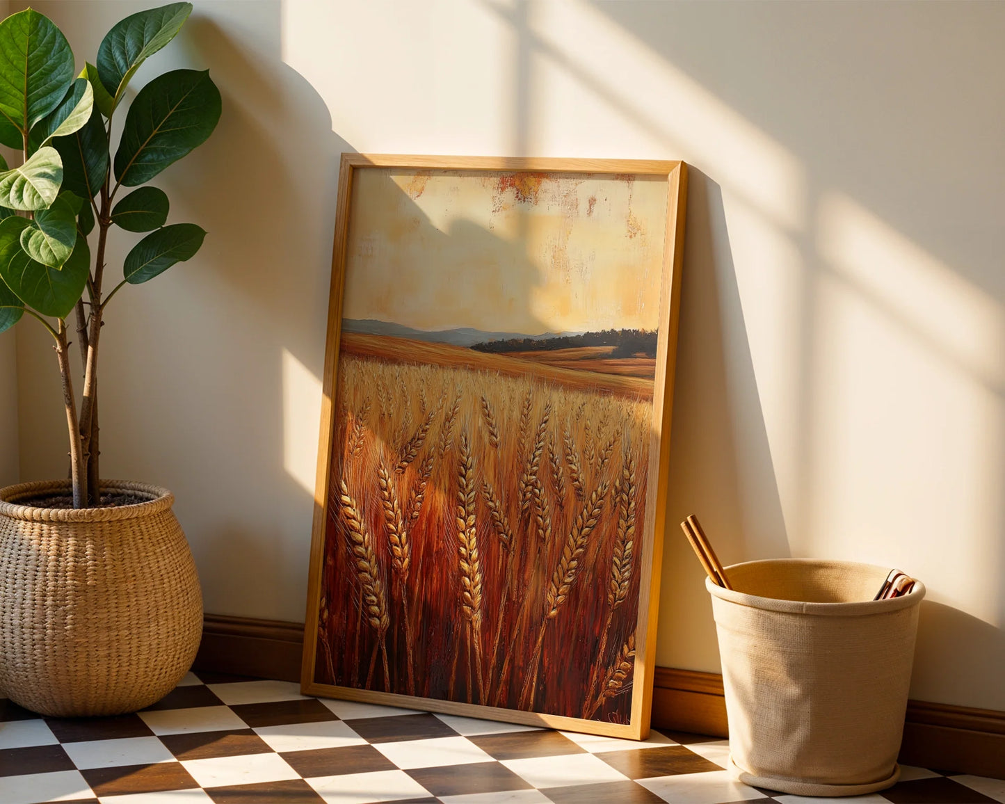 Golden Wheat Field Farmhouse Harvest Landscape Canvas Wall Art — Traditional countryside panorama artwork displayed on rustic shiplap wall in cozy cottage interior