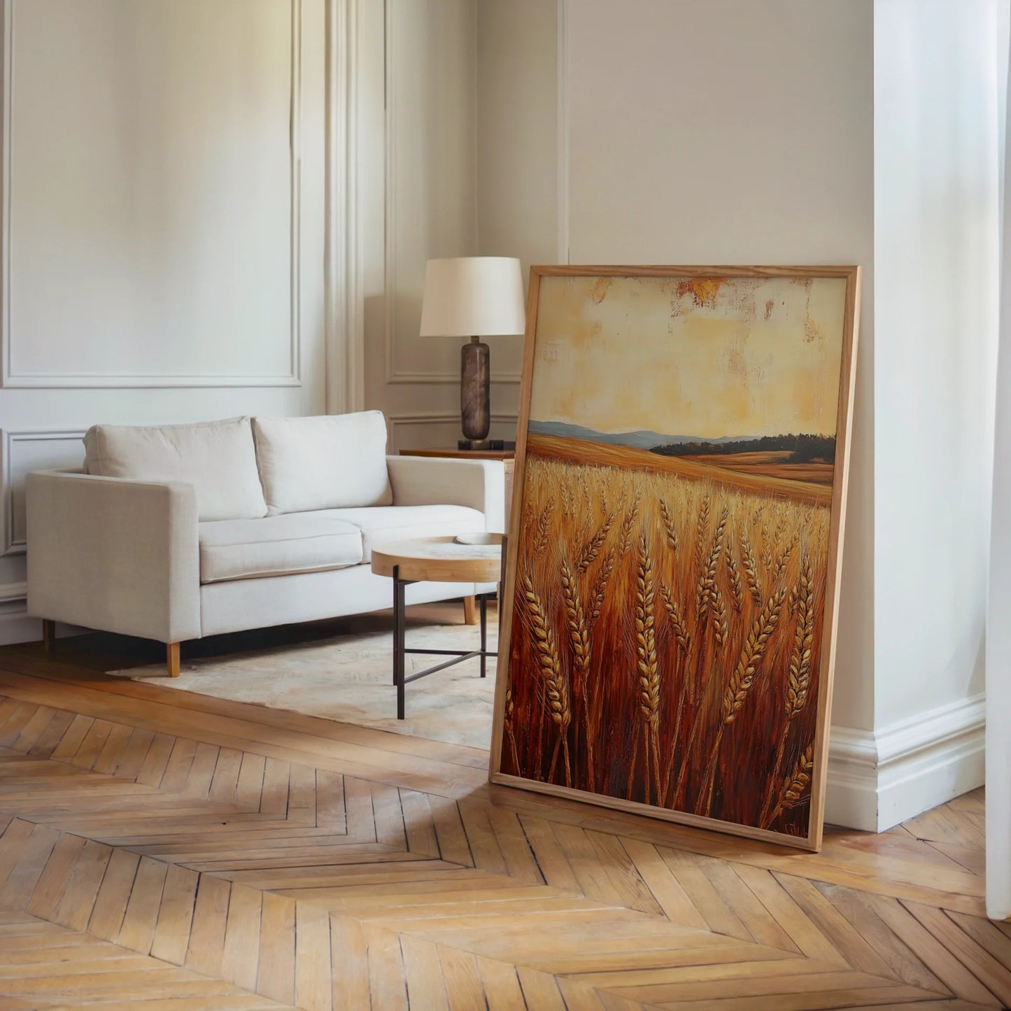 Golden Wheat Field Farmhouse Harvest Landscape Canvas Wall Art — Charming meadow landscape print complementing cottage-style bedroom with white wood furniture
