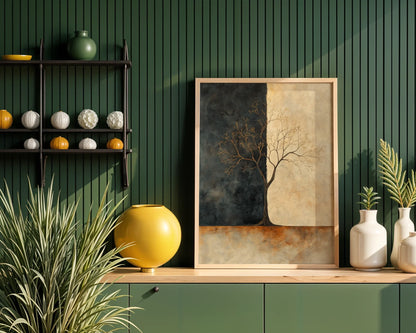 Golden Charcoal Tree Silhouette Dawn Light in room