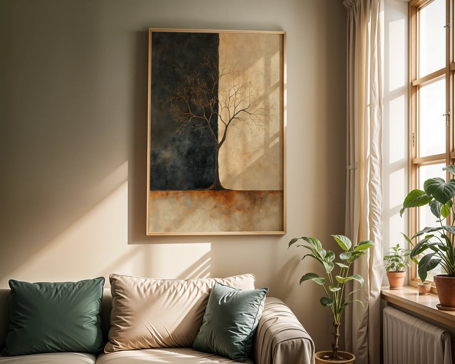 Golden Charcoal Tree Silhouette Dawn Light in room