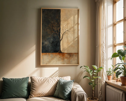 Golden Charcoal Tree Silhouette Dawn Light in room
