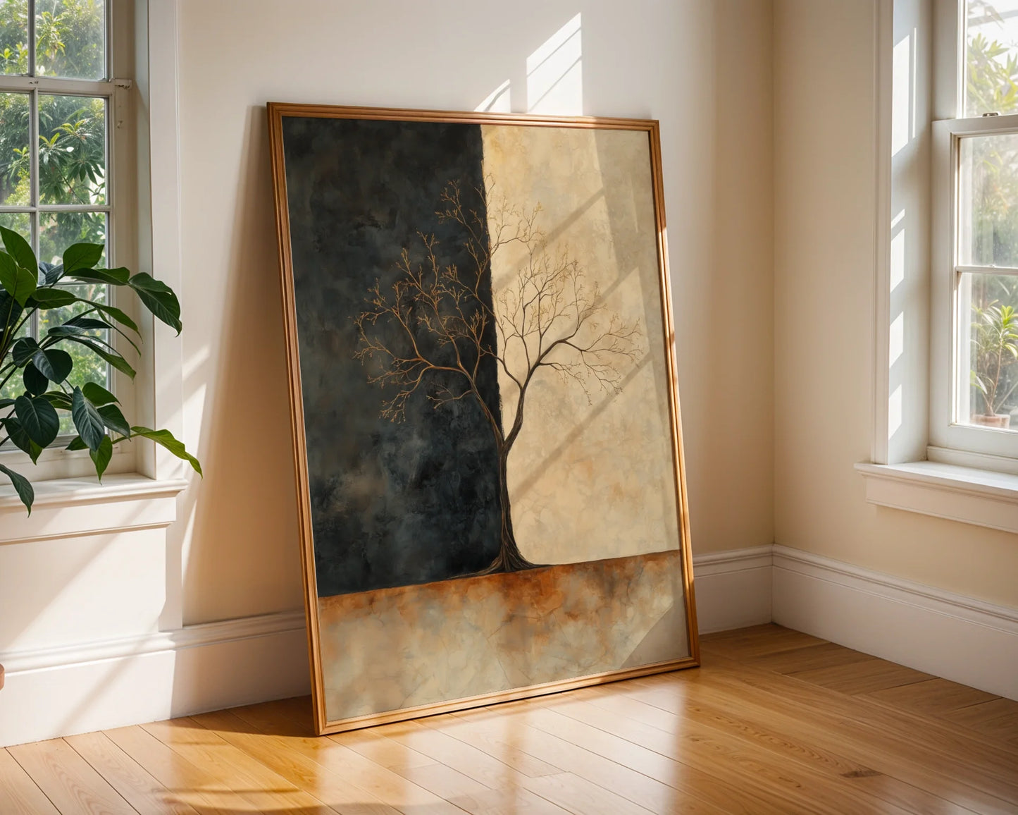 Golden Charcoal Tree Silhouette Dawn Light in room
