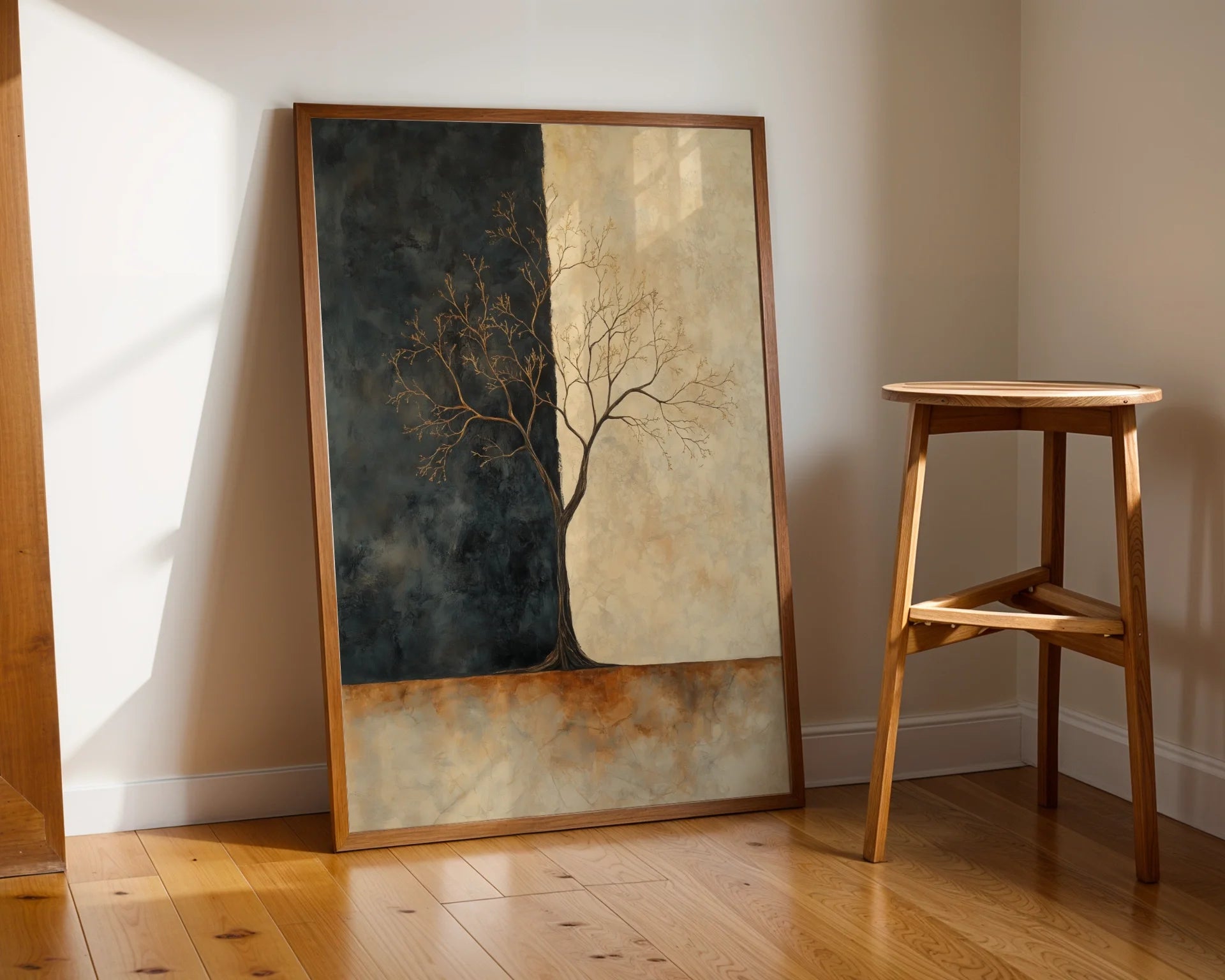 Golden Charcoal Tree Silhouette Dawn Light Canvas Wall Art — Serene botanical artwork mounted in tranquil bedroom space with neutral color palette styling