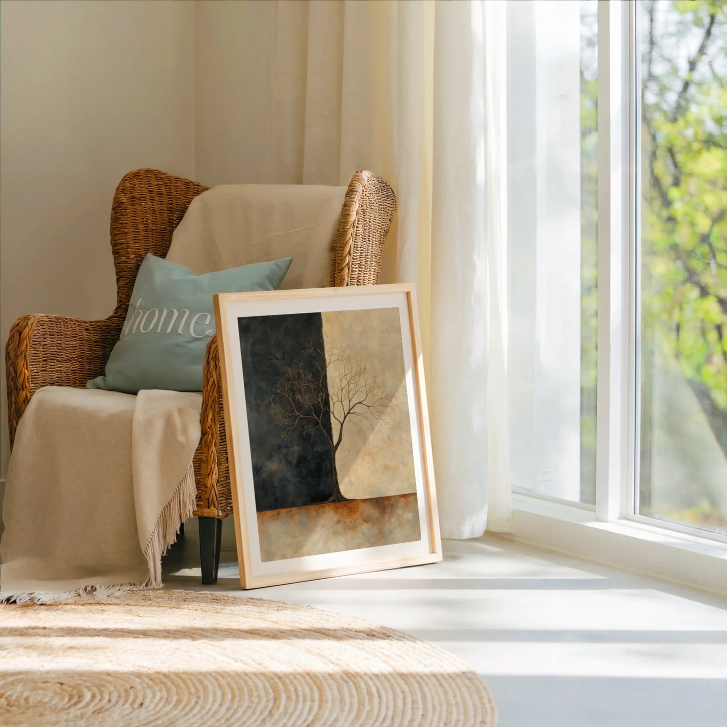 Golden Charcoal Tree Silhouette Dawn Light in room