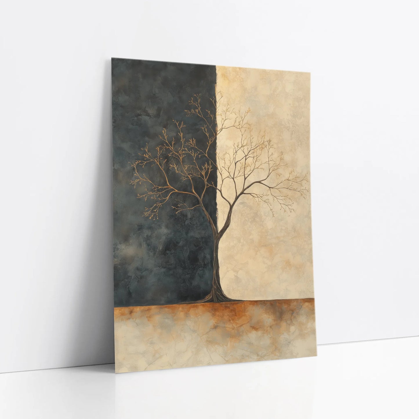 Golden Charcoal Tree Silhouette Dawn Light art print