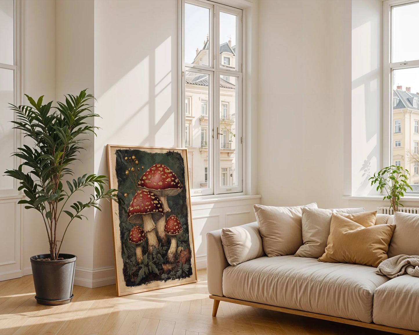 Mushroom Wall Art Dark Academia Scarlet Cap Canvas Print — Aged botanical specimen print showcasing shadowy fungi creates nostalgic charm for cottagecore interior styling