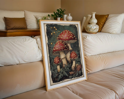 Mushroom Wall Art Dark Academia Scarlet Cap Canvas Print — Classic manuscript-style fungal study artwork mounted in contemporary frame adds scholarly elegance to traditional decor