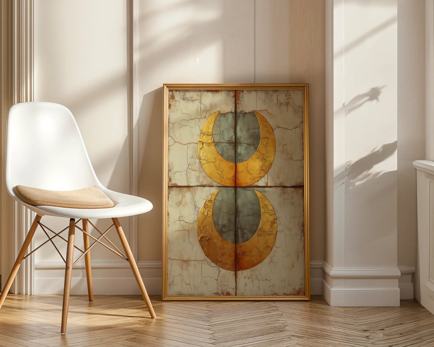 Crescent Moon Wall Art Textured Plaster Effect Canvas Print — Minimalist lunar canvas with cracked surface adds artisanal touch to clean modern spaces