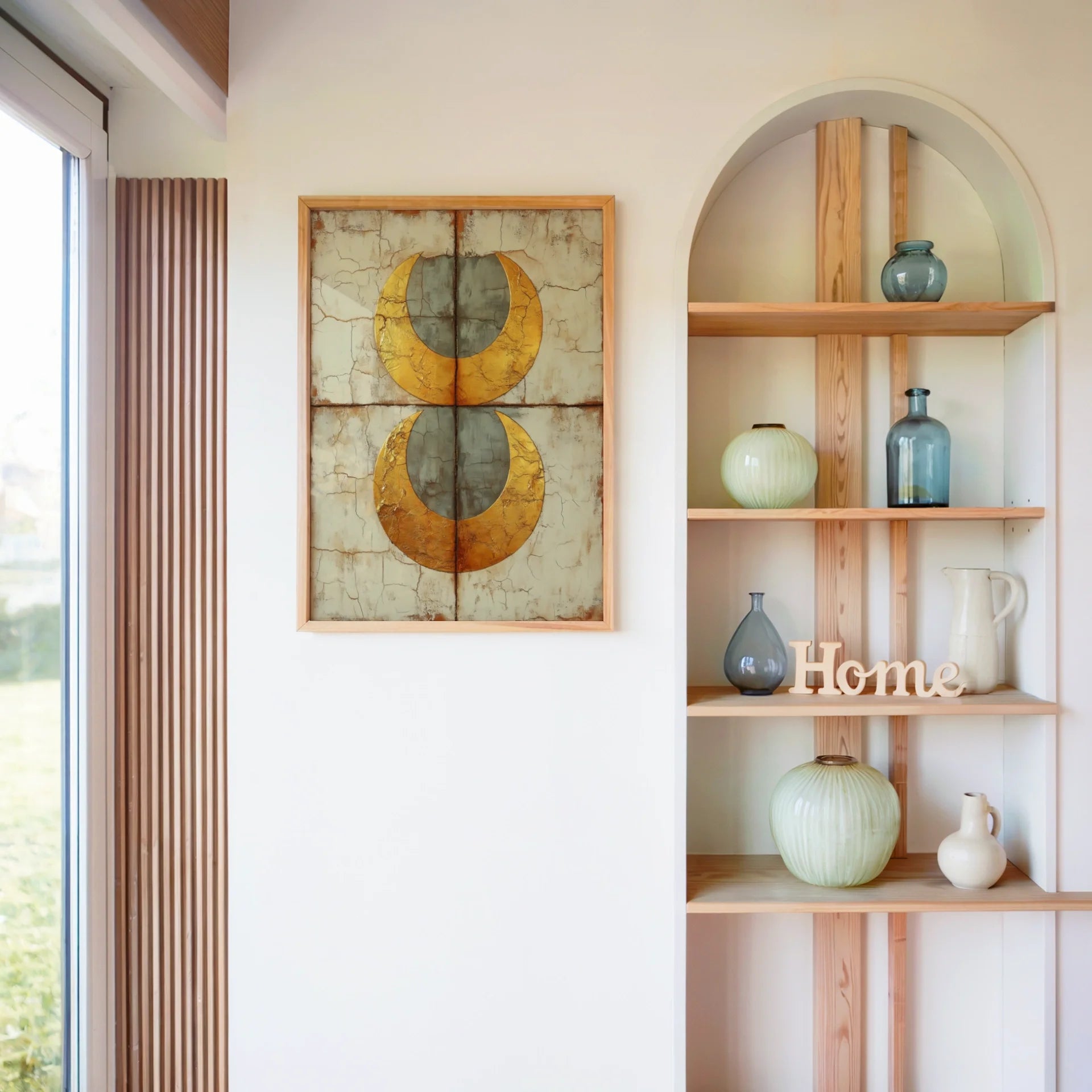 Crescent Moon Wall Art Textured Plaster Effect Canvas Print — Warm honey-toned moon canvas with ivory accents brightens neutral living spaces beautifully