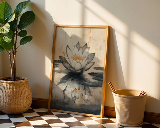 Large Lotus Painting Gold Accents Japandi Canvas Wall Art — Contemporary artwork featuring ethereal white blooms with golden highlights in scandinavian interior