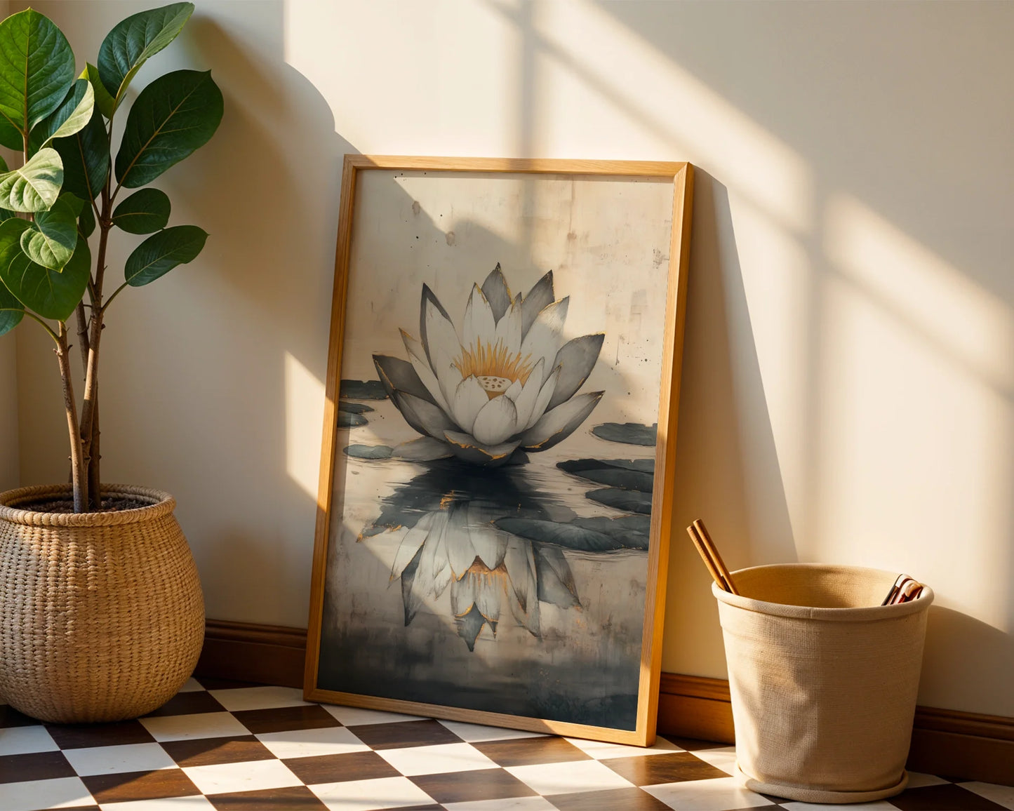 Large Lotus Painting Gold Accents Japandi in room