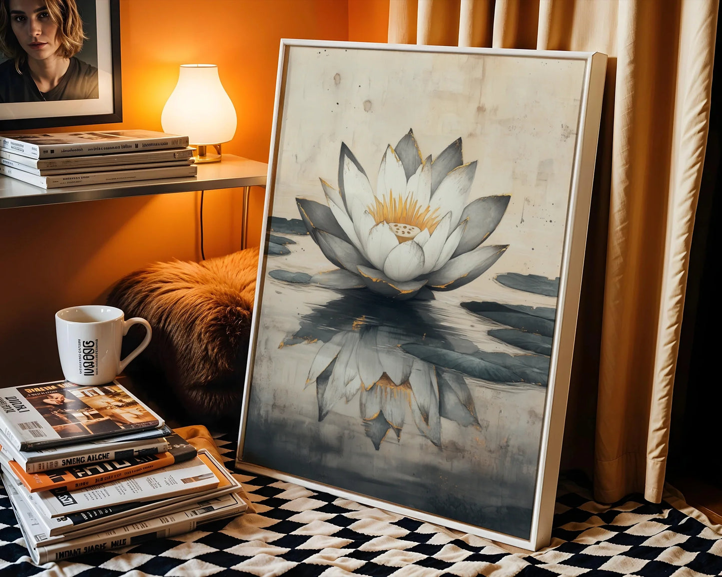 Large Lotus Painting Gold Accents Japandi in room