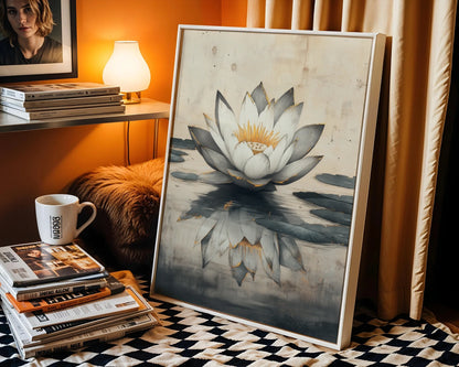 Large Lotus Painting Gold Accents Japandi in room