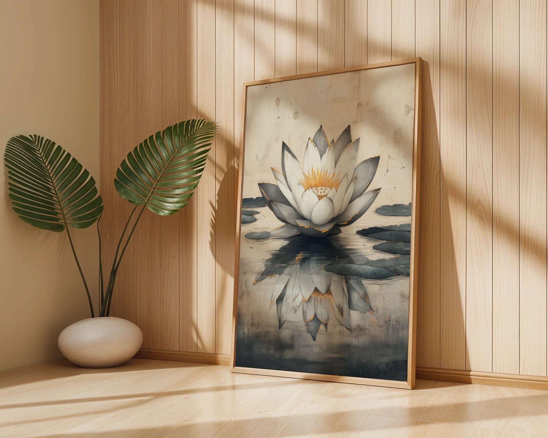 Large Lotus Painting Gold Accents Japandi in room