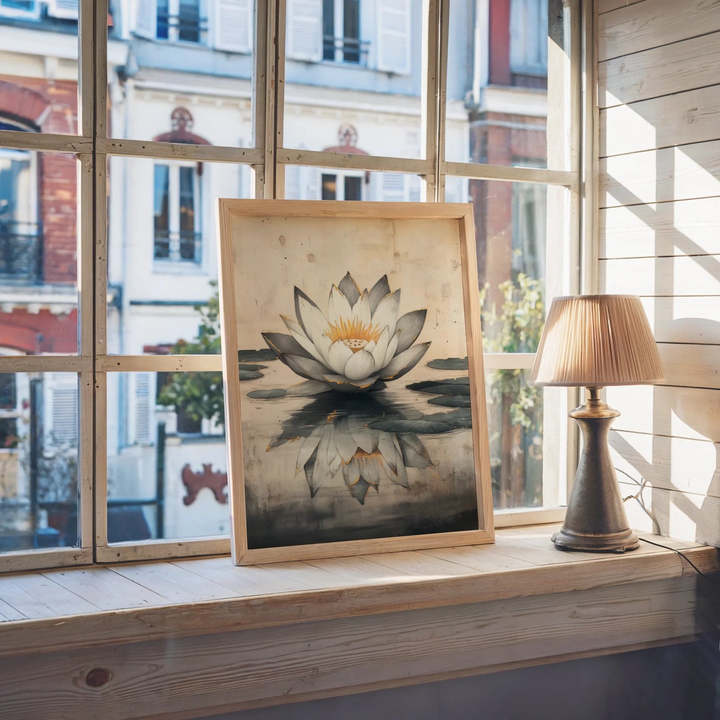 Large Lotus Painting Gold Accents Japandi Canvas Wall Art — Understated blossom artwork featuring subtle metallic details in sleek modern home environment
