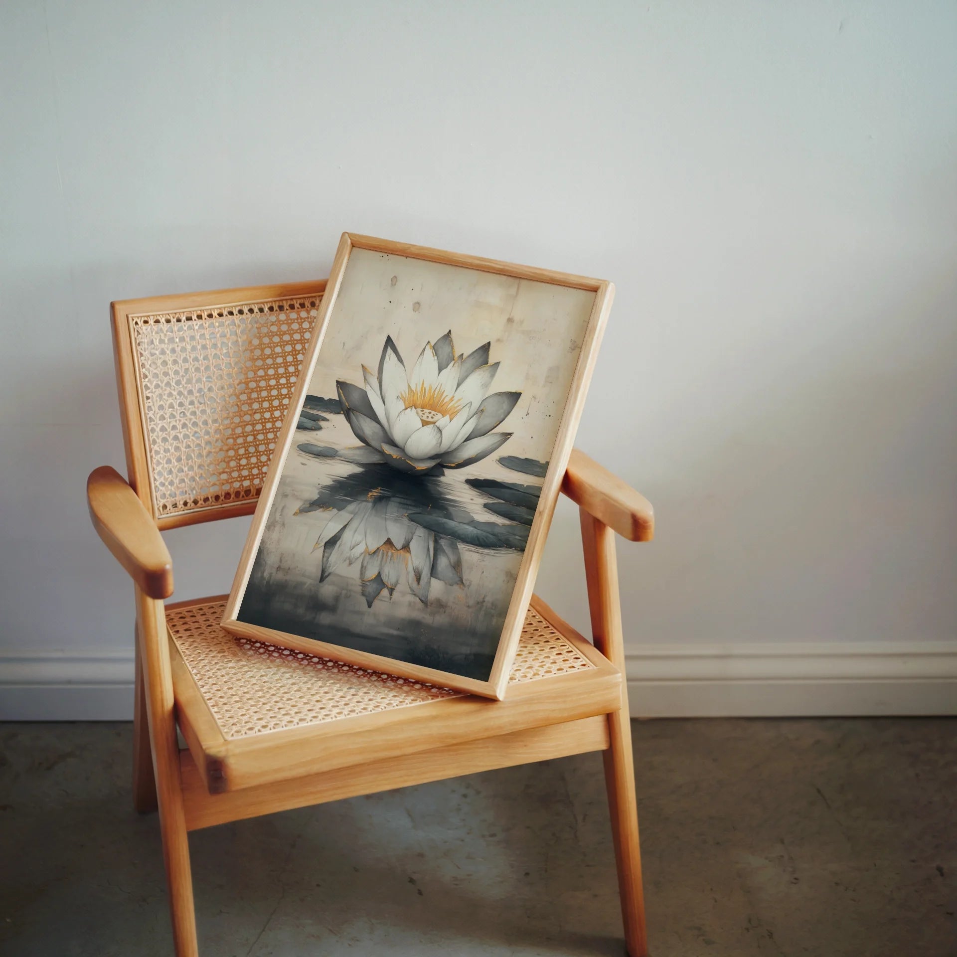 Large Lotus Painting Gold Accents Japandi Canvas Wall Art — Soft beige and pearl tones create tranquil flower artwork in textured brushed finish