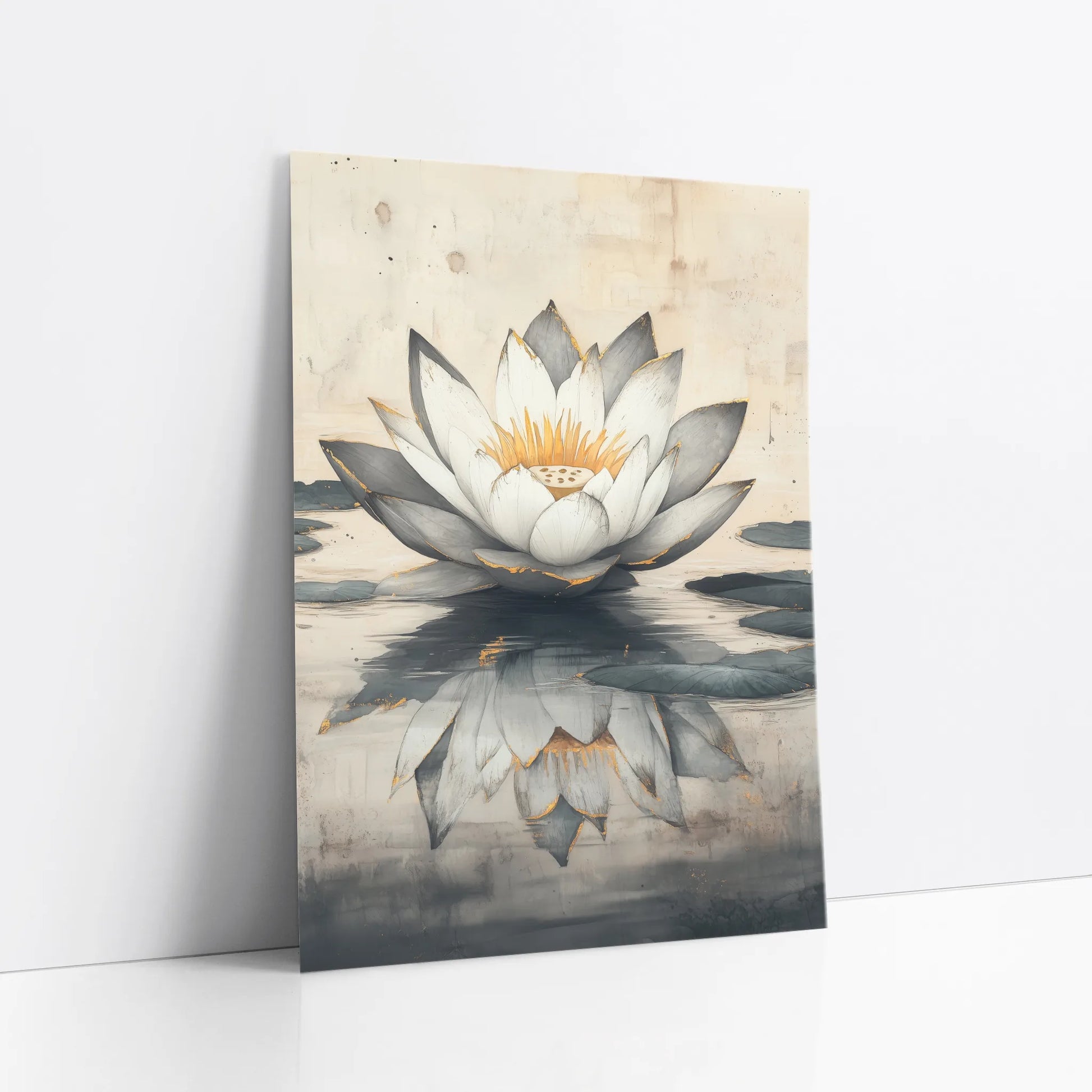 Large Lotus Painting Gold Accents Japandi art print