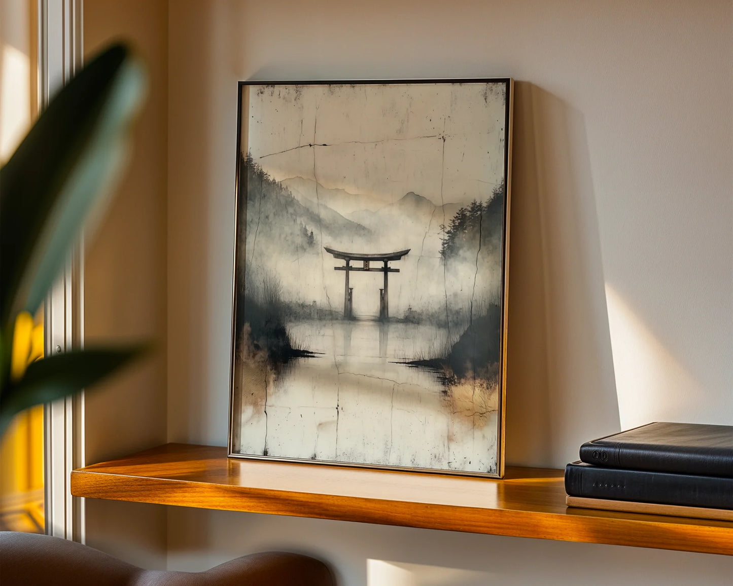 Japanese Torii Gate Misty Water Reflection Japandi Canvas Art — Organic modern space displaying weathered ceremonial entrance dissolving into morning haze canvas
