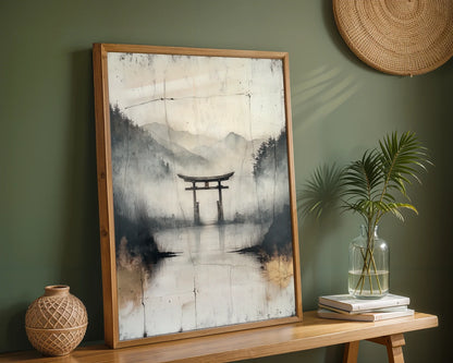 Japanese Torii Gate Misty Water Reflection Japandi Art in room