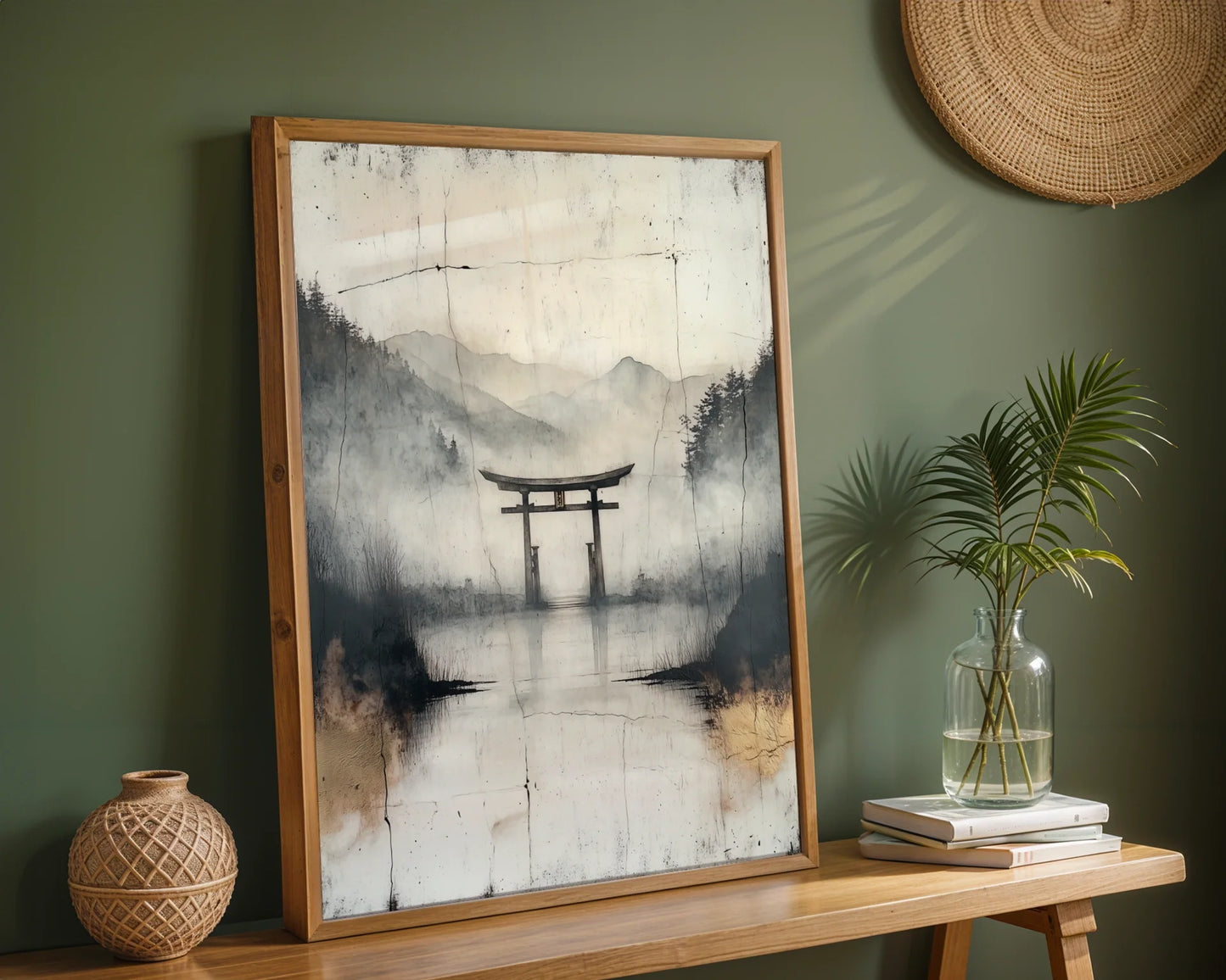 Japanese Torii Gate Misty Water Reflection Japandi Art in room