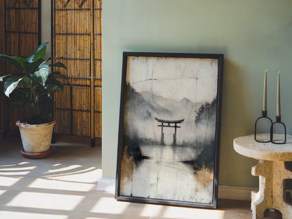 Japanese Torii Gate Misty Water Reflection Japandi Canvas Art — Clean-lined interior with floating wooden threshold above still water minimalist canvas art