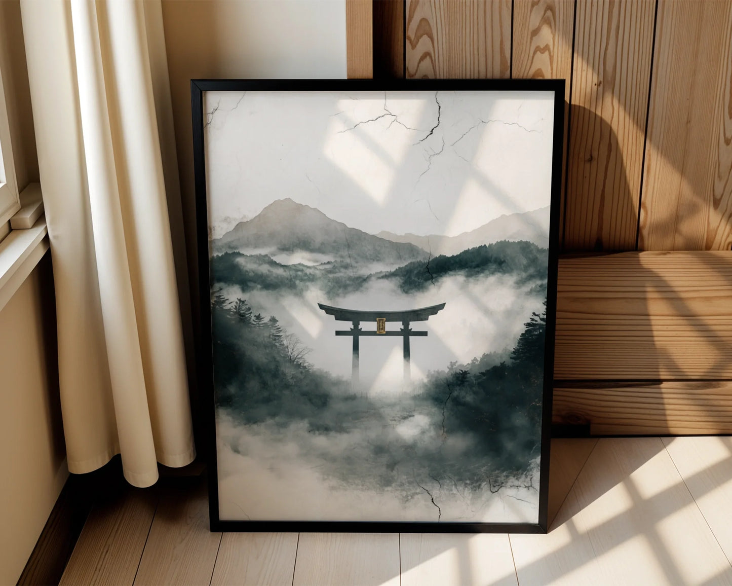 Japanese Torii Gate Misty Mountain Japandi Canvas Wall Art — Scandinavian bedroom featuring serene Japanese shrine artwork with weathered textures for modern decor