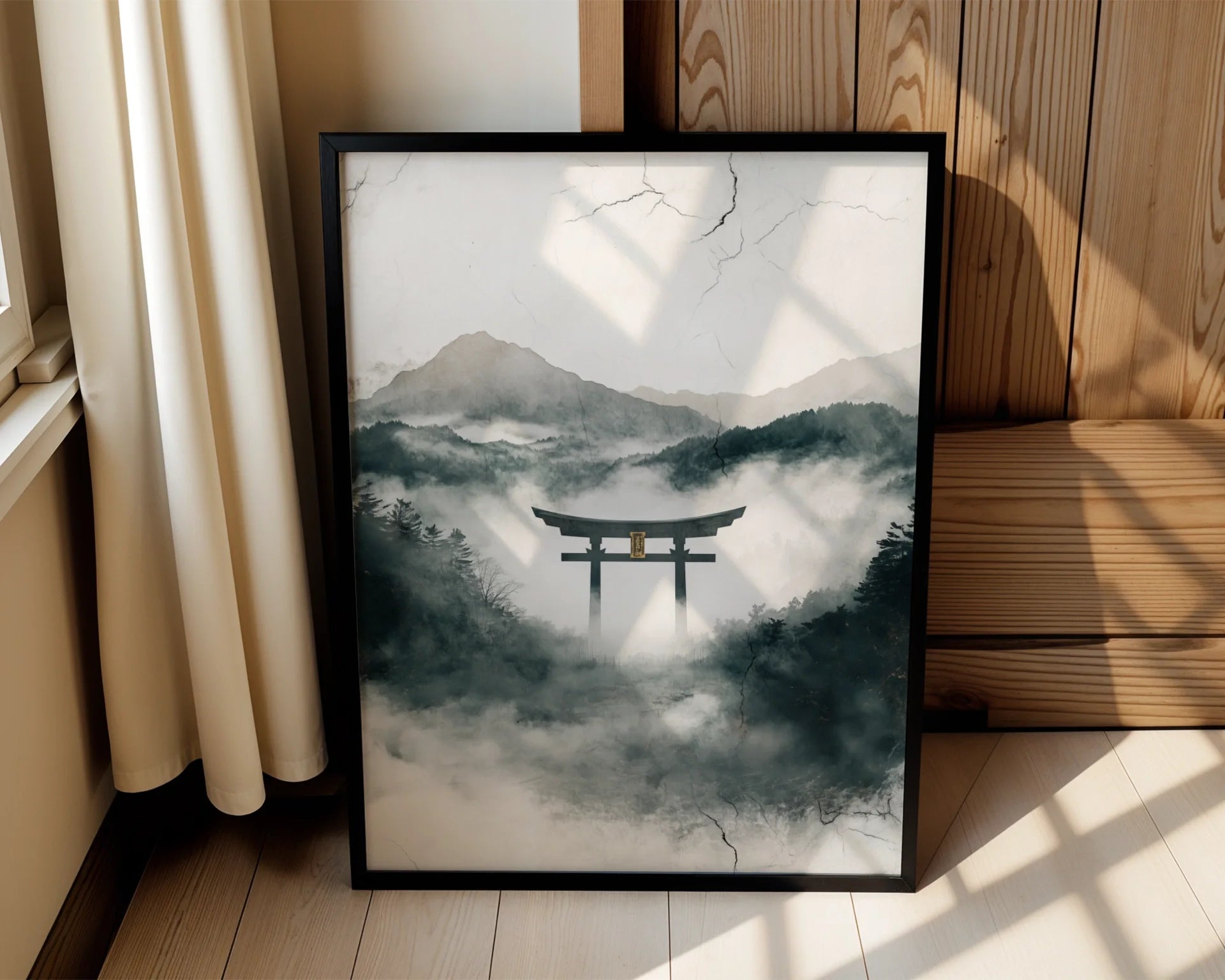 Japanese Torii Gate Misty Mountain Japandi Canvas Wall Art — Scandinavian bedroom featuring serene Japanese shrine artwork with weathered textures for modern decor