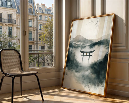 Japanese Torii Gate Misty Mountain Japandi Canvas Wall Art — Calming botanical home featuring rustic shrine canvas with natural imperfections and serene atmosphere