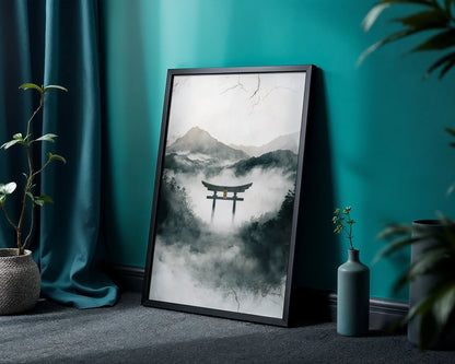 Japanese Torii Gate Misty Mountain Japandi Canvas Wall Art — Modern apartment displaying tranquil Eastern gateway print with soft atmospheric landscape elements