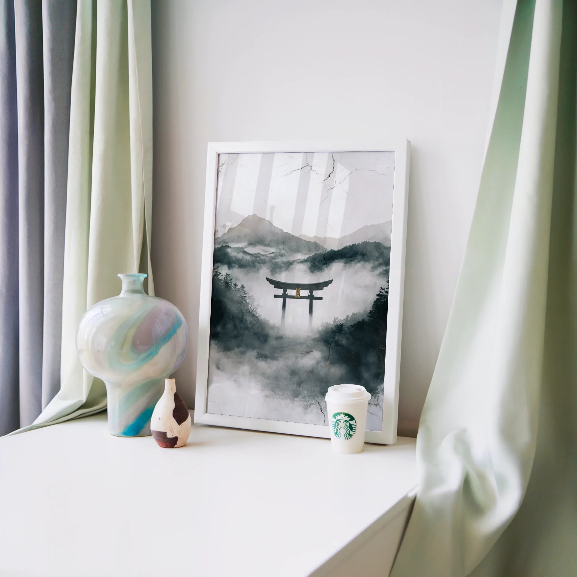Japanese Torii Gate Misty Mountain Japandi Canvas Wall Art — Clean-lined interior with subtle Japanese portal artwork creating peaceful focal point for contemporary homes
