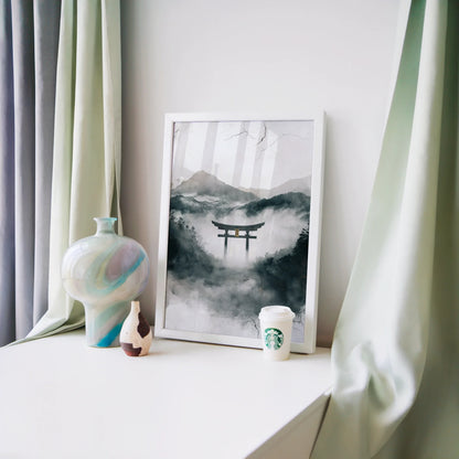 Japanese Torii Gate Misty Mountain Japandi Canvas Wall Art — Clean-lined interior with subtle Japanese portal artwork creating peaceful focal point for contemporary homes