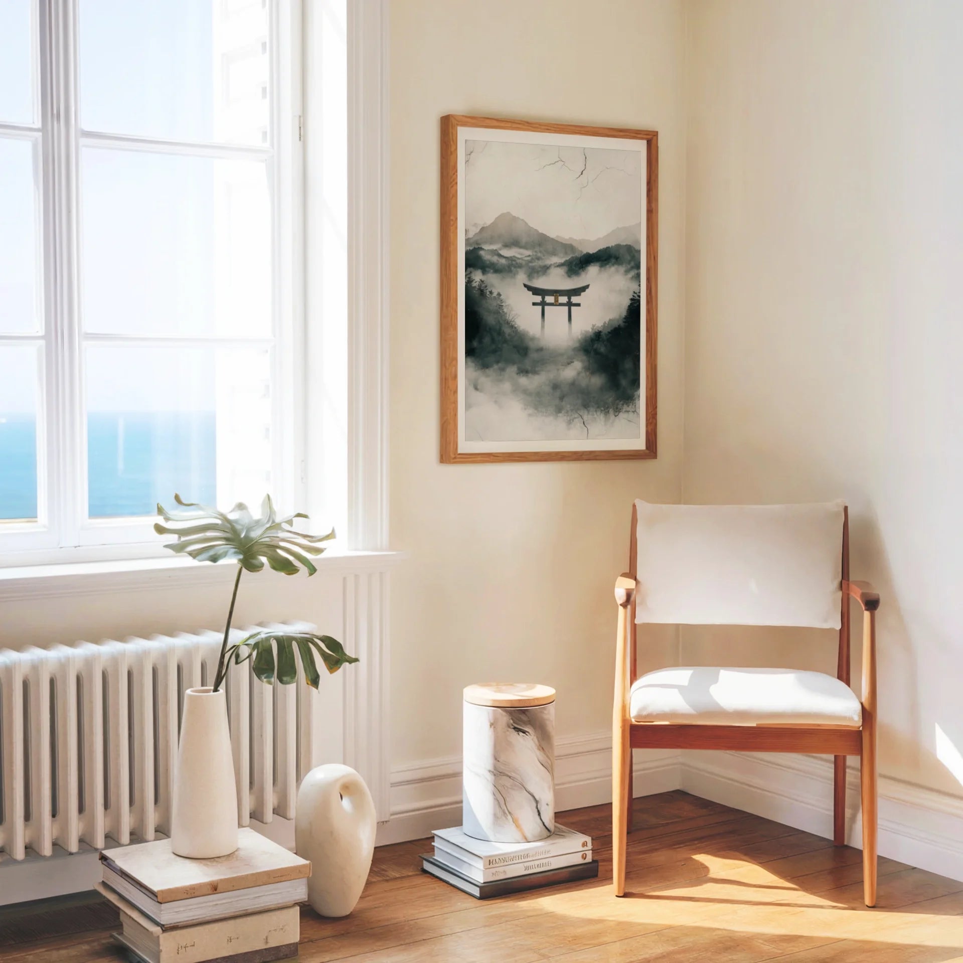 Japanese Torii Gate Misty Mountain Japandi Canvas Wall Art — Sage green shrine canvas with pearl undertones adding earthy sophistication to neutral interior design