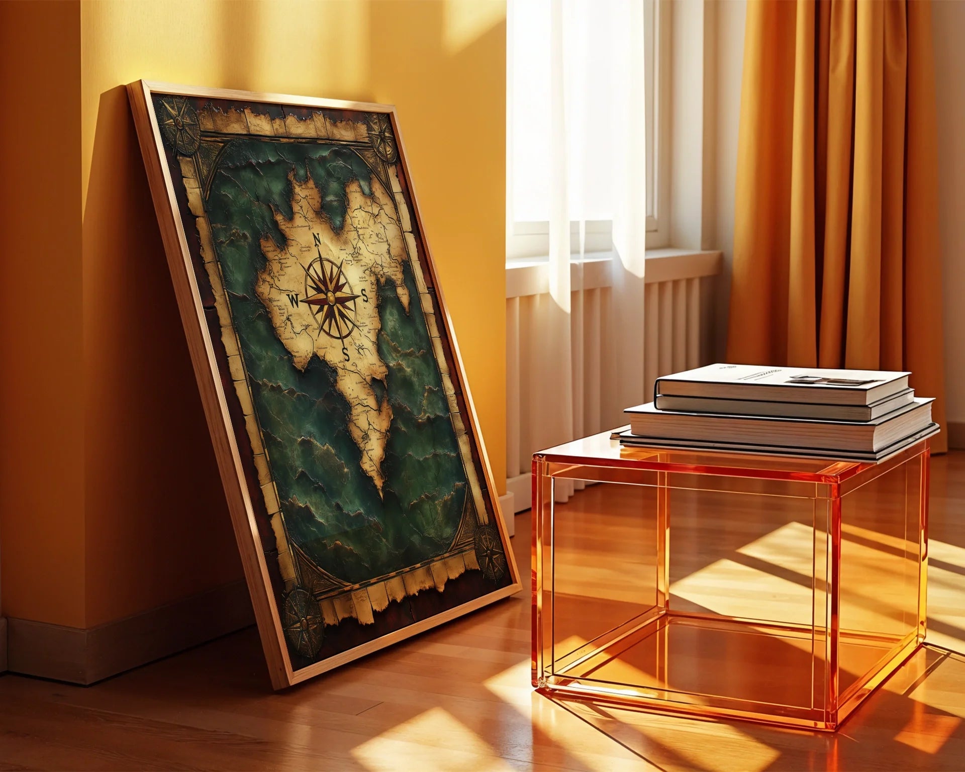Antique World Map Turquoise Ocean Dark Academia in room